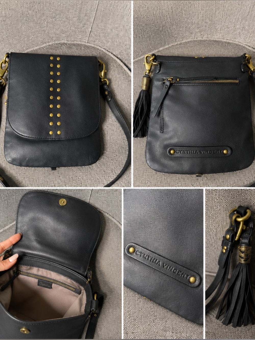 Cynthia Vincent Black Leather Crossbody with Gold Studs & Tassel